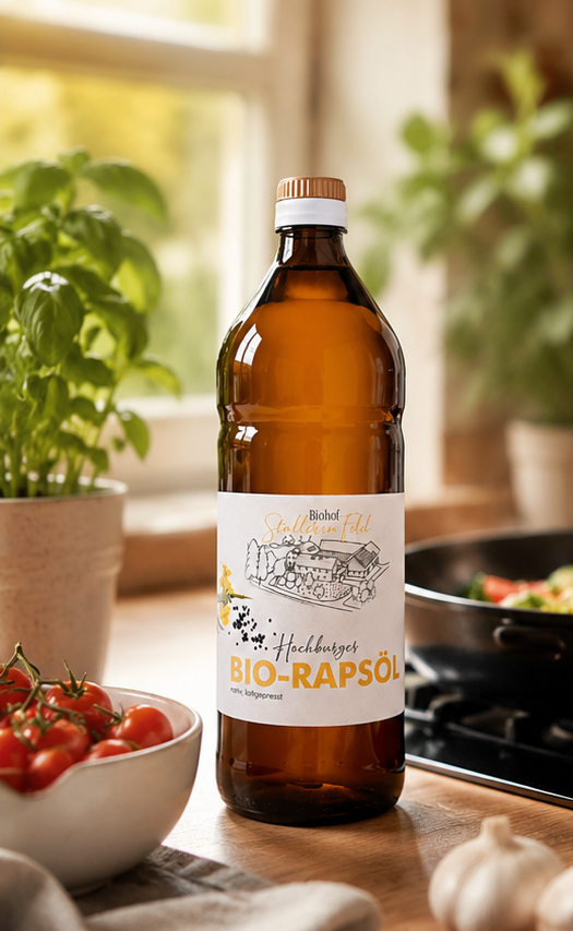 Bio-Rapsöl, Staller im Feld, nativ, kaltgepresst, zum kochen, für Salat