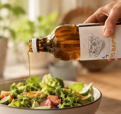 Bio-Rapsöl, Staller im Feld, nativ, kaltgepresst, zum kochen, für Salat
