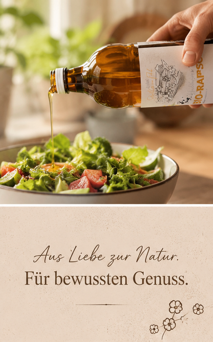 Bio-Rapsöl, Staller im Feld, nativ, kaltgepresst, zum kochen, für Salat