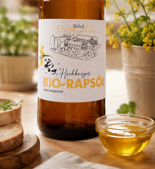 Bio-Rapsöl, Staller im Feld, nativ, kaltgepresst, zum kochen, für Salat