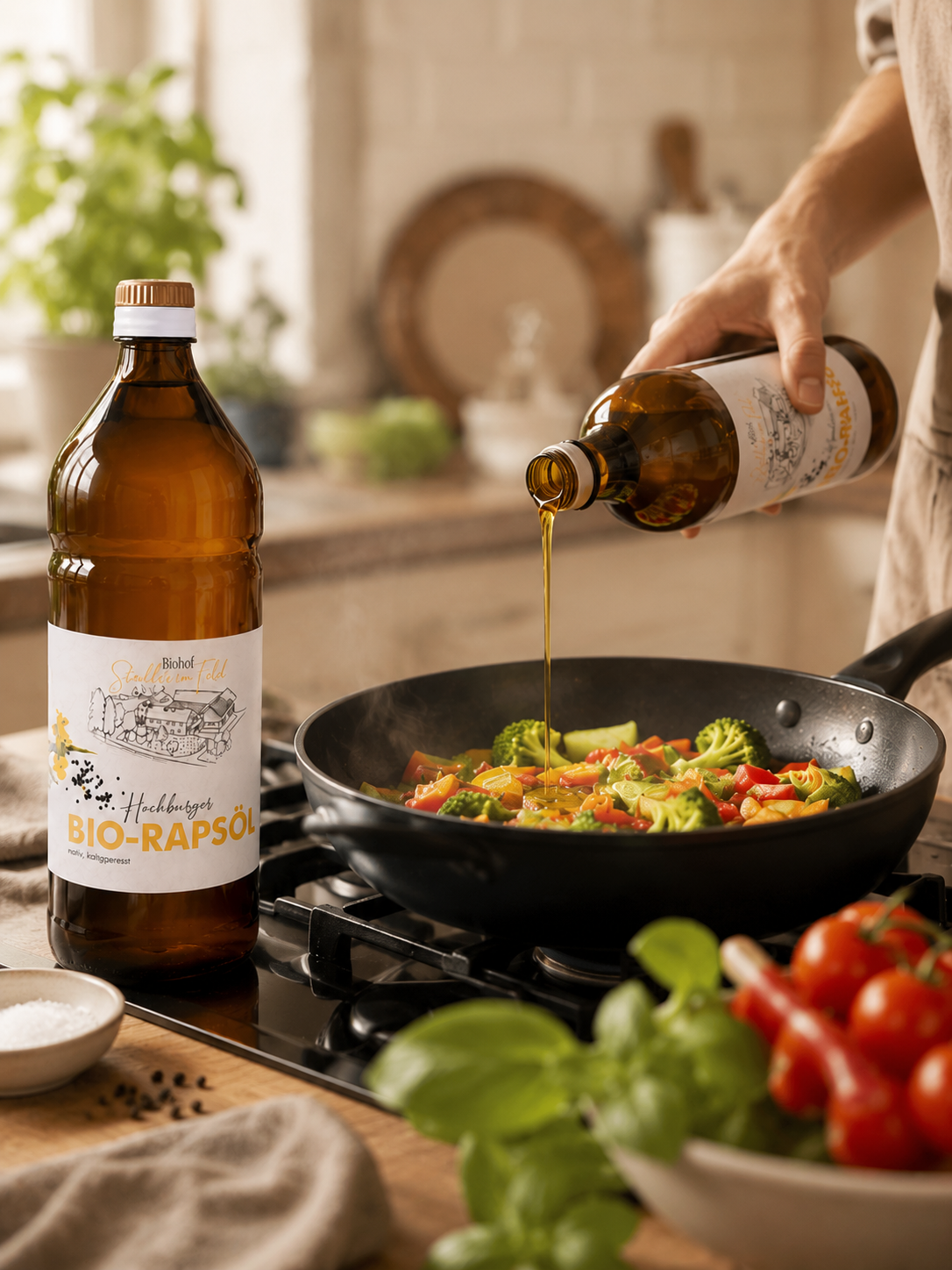 Bio-Rapsöl, Staller im Feld, nativ, kaltgepresst, zum kochen, für Salat