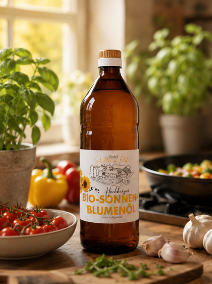 Bio-Sonnenblumenöl, Bio-Bratöl, Staller im Feld, nativ, kaltgepresst, zum kochen, zum braten, zum backen, für Salat