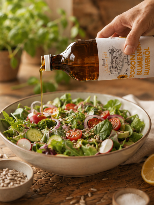 Bio-Sonnenblumenöl, Bio-Bratöl, Staller im Feld, nativ, kaltgepresst, zum kochen, zum braten, zum backen, für Salat
