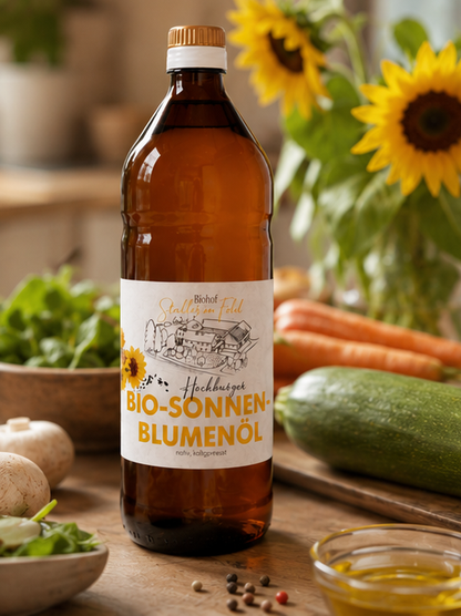 Bio-Sonnenblumenöl, Bio-Bratöl, Staller im Feld, nativ, kaltgepresst, zum kochen, zum braten, zum backen, für Salat